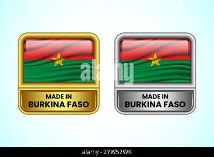 Made in Burkina Faso label icon in gold and silver color. Flag icon set for business Stock Vector