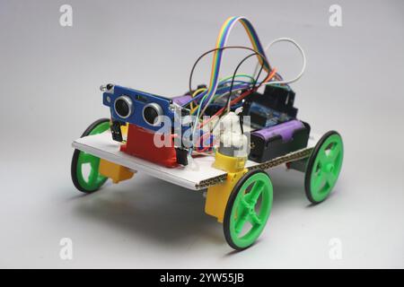 Human following robot car built with various electronics components. Robotic car made with ultrasonic sensor and infrared sensors Stock Photo