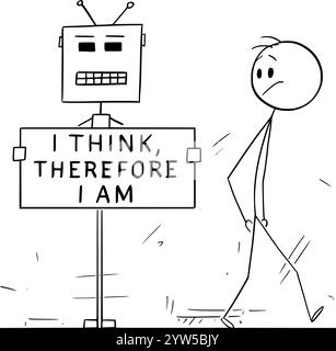 Is robot, machine, artificial intelligence or ai alive. Vector cartoon stick figure or character illustration. Stock Vector