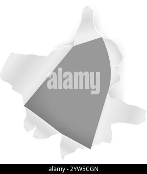 White sheet of paper with torn edges revealing a gray background, forming an irregular hole that offers ample space for text or creative designs Stock Vector