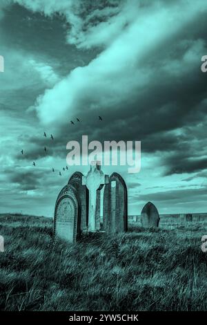 Birds flying over weathered headstones, gravestones under dark clouds. Stock Photo