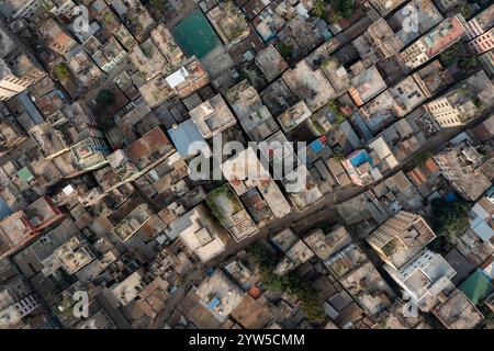 An aerial view of Dhaka, the capital of Bangladesh, enveloped in fog, offering a serene yet hazy glimpse of the bustling city. Stock Photo