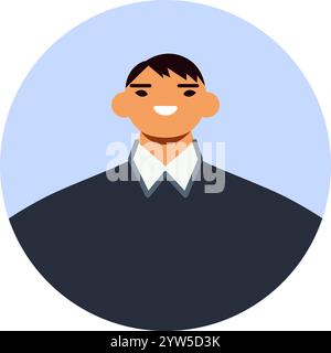 Smiling asian man wearing a collared shirt and dark sweater, set against a circular blue backdrop, perfect for profile pictures and diverse Stock Vector