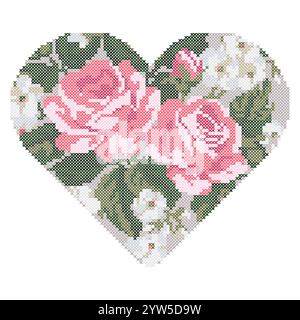 Cross Stitch Floral Heart Embroidered Rose Flowers Stock Vector
