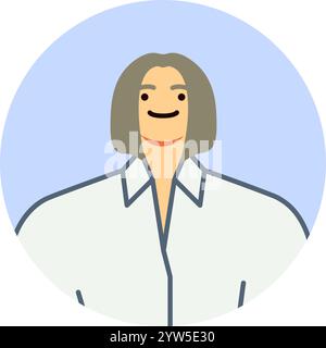 Smiling professional woman with gray hair and a white shirt, set against a light blue circular background, creating a modern and approachable avatar Stock Vector