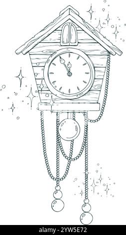 Wooden clock with a pendulum in the form of a house with beads. Line art is a simple hand-drawn illustration in black and white ink. Composition Stock Vector