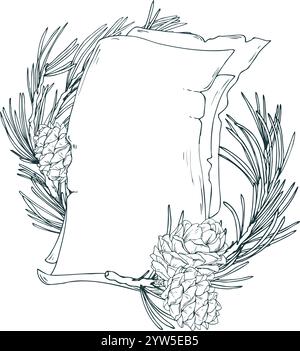 Blank template for text from craft sheets decorated with pine branches and cedar cones. Line art is a simple hand-drawn illustration in black and Stock Vector