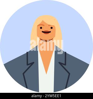 Confident businesswoman avatar featuring a smiling, professional woman with blond hair in a gray jacket against a light blue circular background Stock Vector