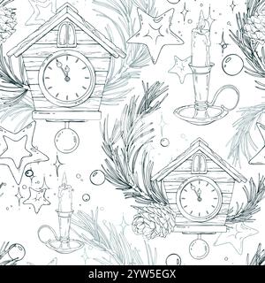Wooden house clock with cuckoo, pine branches and cones, candles in a candlestick, sparkling stars. Line art is a simple hand-drawn illustration in Stock Vector