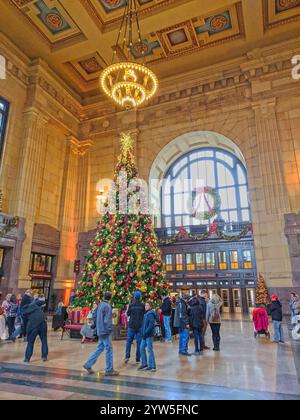 Union Station in Kansas City, Missouri is decked out for the holidays with a giant Christmas tree, wreaths and lots of lights. Stock Photo