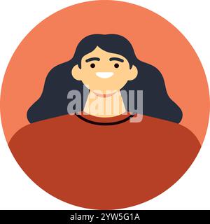 Confidently smiling, a young woman with long, dark hair showcases her vibrant personality in a stylish red top, creating a cheerful and positive Stock Vector