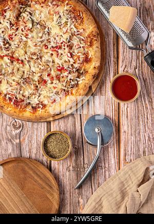 Food photography of pizza with Mozzarella, Cheddar  cheese, Parmesan, Chili, BBQ sauce, Pulled pork, Gourmet, Italian cuisine, Food, Rustic style Stock Photo