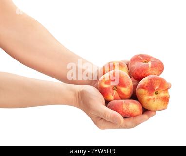 flat peach in hand path isolated on white Stock Photo