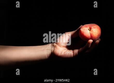 flat saturn peach in hand on black background Stock Photo