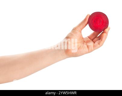 sliced beets in hand path isolated on white Stock Photo