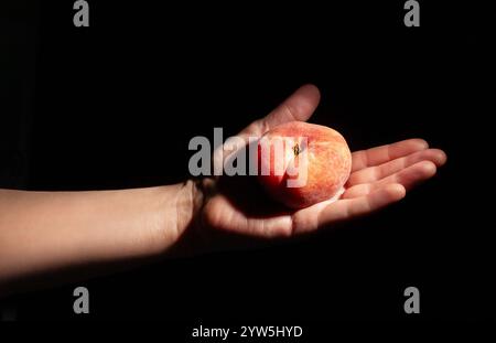 flat saturn peach in hand on black background Stock Photo