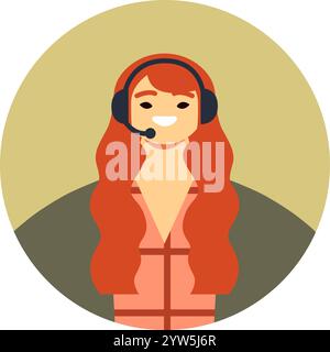 Friendly female call center agent with long red hair is wearing a headset and smiling, providing excellent customer support within a circular frame Stock Vector