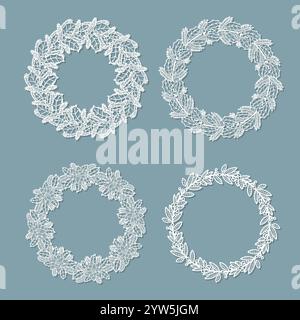 Christmas wreath made of spruce, holly and holly branches. Set of templates for laser cutting from paper, wood, cardboard, metal. For the design of Ch Stock Vector