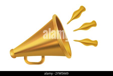 Vector icon of vintage golden megaphone for fake, breaking news or sale. Vector retro gold megaphone on isolated background. Stock Vector