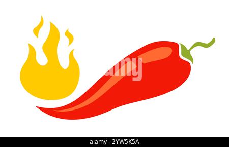 Vector illustration of a spicy chili pepper with flame. Cartoon red chili in fire for Mexican or Thai food. Stock Vector