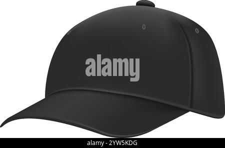 Black baseball cap positioned at a slight angle, revealing its side, ideal for mockups and displaying custom designs, logos, or branding elements in a Stock Vector