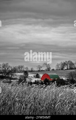 Wisconsin farm with snow in black and white, vertical Stock Photo - Alamy
