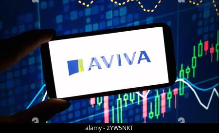 Konskie, Poland - December 08, 2024: Aviva company logo displayed on mobile phone Stock Photo