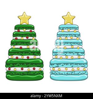 Set of color illustrations with Christmas tree made of dessert macaroons. Isolated vector objects on white background. Stock Vector