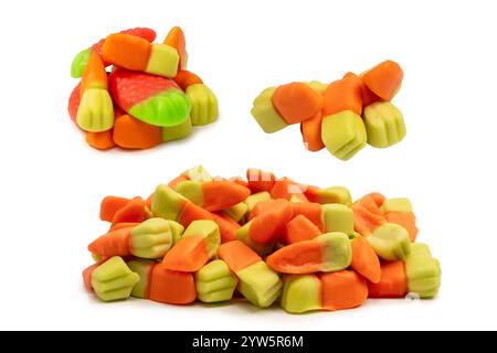 Juicy colorful jelly sweets isolated on white. Gummy candies. Jelly carrots. Stock Photo