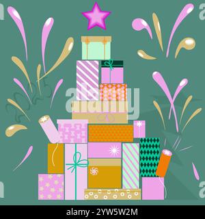 a postcard with a Christmas tree assembled from gift boxes Stock Vector