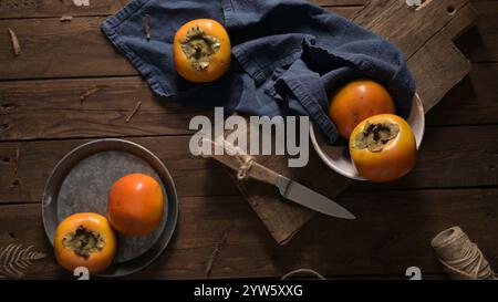 Ripe persimmons on a rustic wooden table, with a blue cloth and a cutting board. Stock Photo