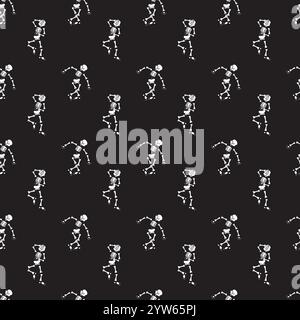 Dancing skeletons on a black background. Seamless pattern. Vector illustration. Stock Vector