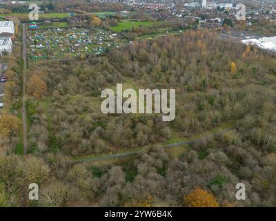 Aerial view of parkland used for education on the Brunel University of London campus in Uxbridge, UK. Stock Photo