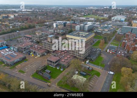 Aerial view of the main academic area (Tower A, B, C, D, Howell)  of the Brunel University of London campus in Uxbridge, UK. Stock Photo