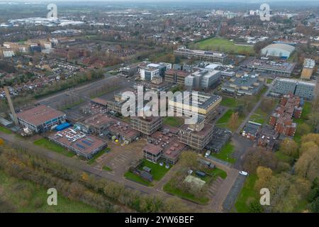 Aerial view of the main academic area (Tower A, B, C, D, Howell)  of the Brunel University of London campus in Uxbridge, UK. Stock Photo