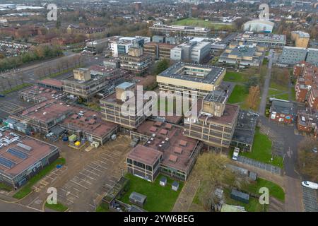 Aerial view of the main academic area (Tower A, B, C, D, Howell)  of the Brunel University of London campus in Uxbridge, UK. Stock Photo