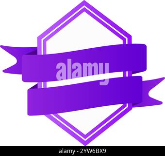 Two elegant purple ribbons wrapping around a hexagonal frame against a crisp white background, creating a versatile badge ideal for various branding Stock Vector