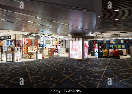 KUALA LUMPUR, MALAYSIA - NOVEMBER 22, 2023: goods on display in the duty-free area at KLIA. Duty-free is a retail section where goods are sold without Stock Photo