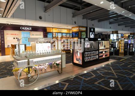 KUALA LUMPUR, MALAYSIA - NOVEMBER 22, 2023: goods on display in the duty-free area at KLIA. Duty-free is a retail section where goods are sold without Stock Photo