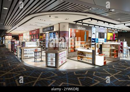 KUALA LUMPUR, MALAYSIA - NOVEMBER 22, 2023: goods on display in the duty-free area at KLIA. Duty-free is a retail section where goods are sold without Stock Photo