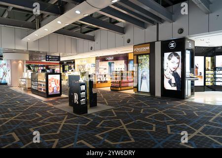 KUALA LUMPUR, MALAYSIA - NOVEMBER 22, 2023: goods on display in the duty-free area at KLIA. Duty-free is a retail section where goods are sold without Stock Photo