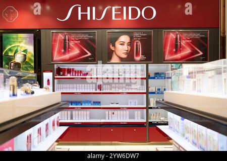 KUALA LUMPUR, MALAYSIA - NOVEMBER 22, 2023: Shiseido goods on display in the duty-free area at KLIA. Duty-free is a retail section where goods are sol Stock Photo