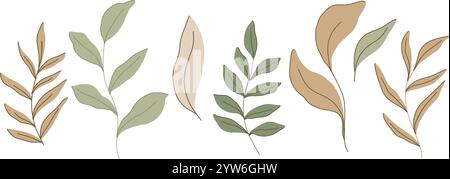 Minimalistic vector flat botanical illustration with various green and beige leaves and branches, showcasing earthy spring vibe. Perfect for nature Stock Vector