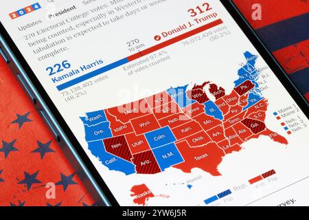 The final results of the 2024 U.S. Presidential Election is seen on the New York Times website. President-elect Donald Trump has swept all 7 battleground... Stock Photo