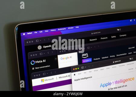 Webpages of OpenAI, Meta AI, Google AI, AI on Amazon Web Services, Microsoft AI, and Apple Intelligence are seen on a computer on October 19, 2024. Stock Photo