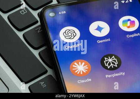 ChatGPT, Gemini, Microsoft Copilot, Claude, and Perplexity app icons are seen on a Google Pixel smartphone. AI competition concepts. Stock Photo
