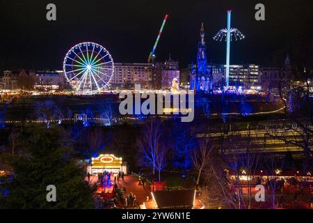 View from the Mound of Edinburgh Christmas events in Princes Street Gardens, Edinburgh, Scotland. Stock Photo