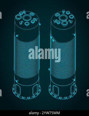 Stylized vector illustrations of isometric blueprints of chemical reactor Stock Vector