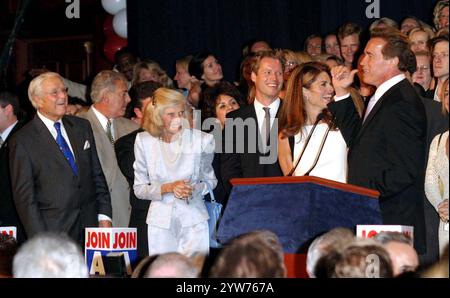 THE NEW GOVERNOR ARNOLD SCHWARZENEGGER, WIFE MARIA SHRIVER, MOTHER IN LAW EUNICE KENNEDY SHRIVER AND SERGEANT SHRIVER -..REPUBLICAN CANDIDATE ARNOLD SCHWARZENEGGER GIVES HIS RECALL SPEECH IN THE HISTORICAL RECALL ELECTION WHICH HE WON TONIGHT -.HE IS NOW GOVERNOR OF CALIFORNIA -.CENTURY CITY PLAZA HOTEL, CENTURY CITY, CA -.10/07/2003 -. (Credit Image: © Nina Prommer/ZUMA Press Wire) EDITORIAL USAGE ONLY! Not for Commercial USAGE! Stock Photo