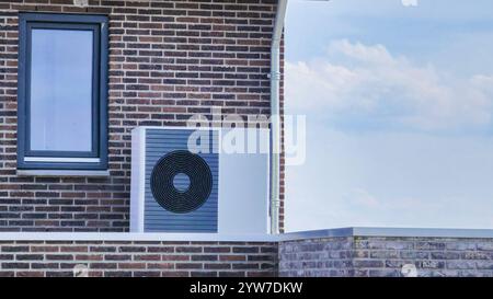 air source heat pump unit installed on a roof at a modern home in the Netherlands, warmte pomp translation air source heat pump, energy transition fro Stock Photo